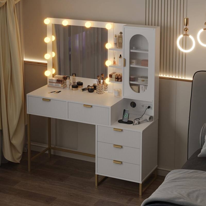 Makeup Vanity Desk with LED Lighted Mirror, USB, Power Outlets, 5 Drawers, 3 Shelves