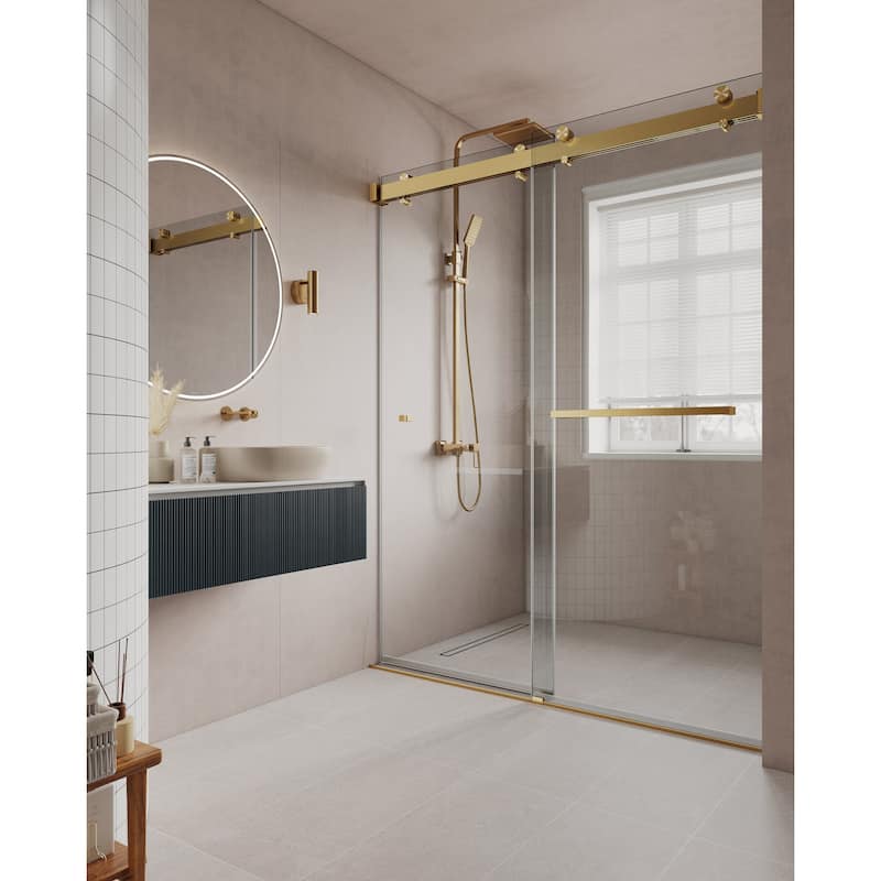 Glassic 50" - 54" W X 78" H Soft Closing Frameless Double Sliding Shower Doors with 3/8" Clear Tempered Glass - Satin Brass