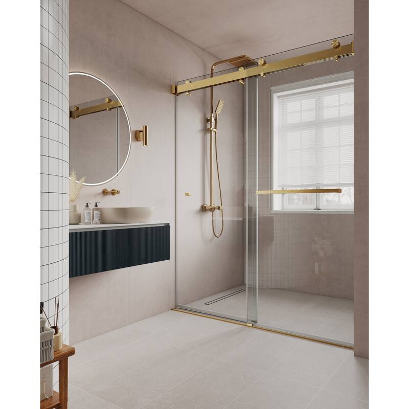 VS Series 68" - 72" W X 78" H Soft Closing Frameless Double Sliding Shower Doors With 3/8" Tempered Clear Glass - Satin Gold