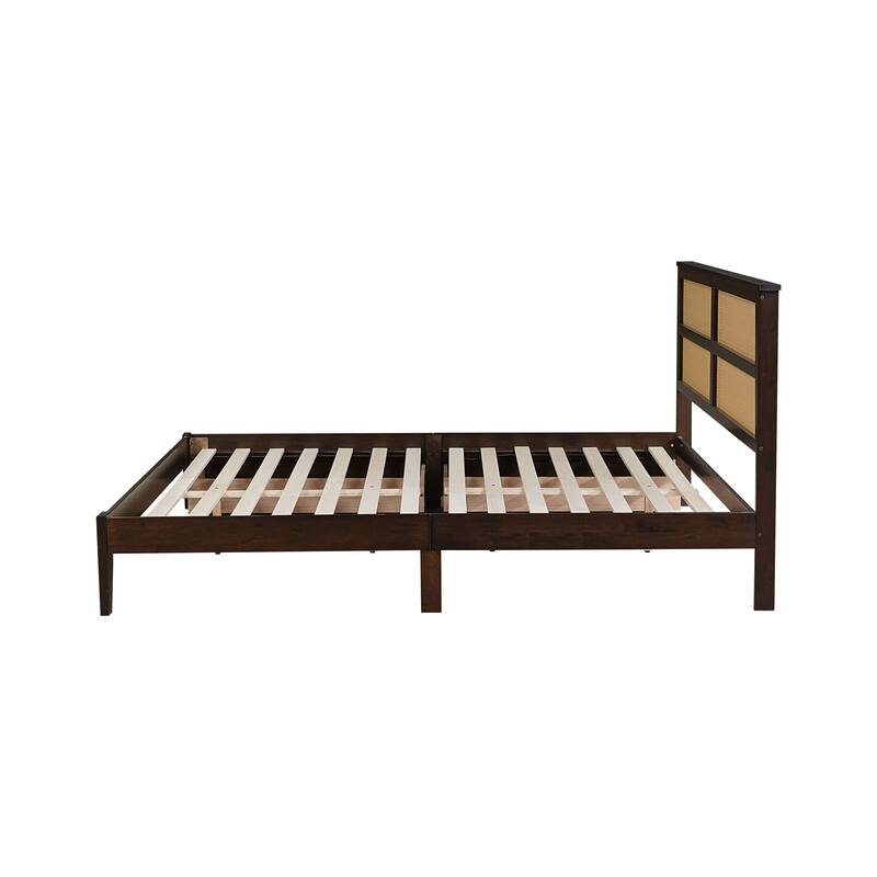 White Oak Full Size Bed with Woven Rattan Headboard, Two Storage Drawers, Rubberwood Frame
