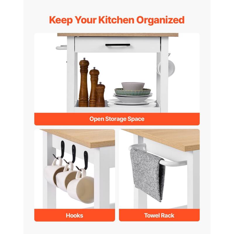 White Rolling Kitchen Island with Storage Drawers and Cabinet Towel Rack and Locking Wheels - 21.65"L x 17.71"W x 35.82"H