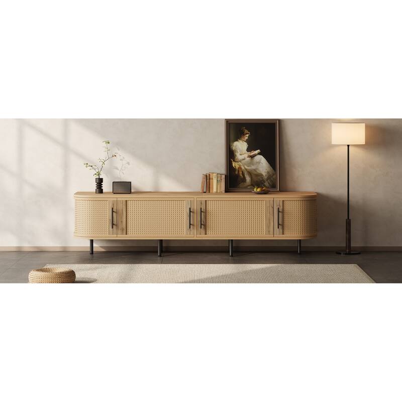 70" Modern TV Stand with Rattan Doors for TVs up to 80", Media Console with Storage Space & Cable Holes, Entertainment Center