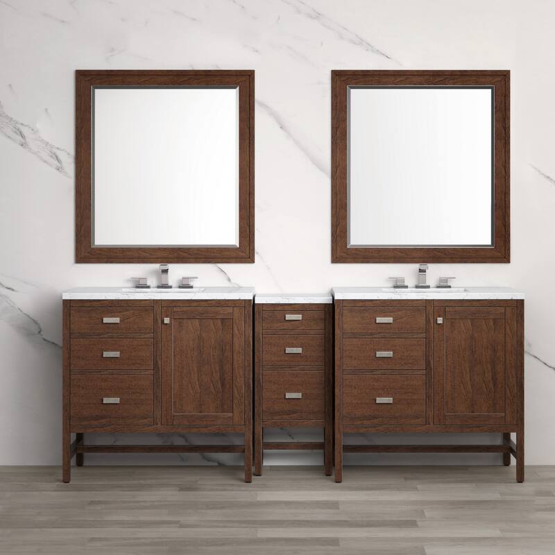 James Martin Addison 87" Double Sink Bathroom Vanity Set, Mid-Century Acacia with 3cm Eternal Jasmine Pearl Quartz Top