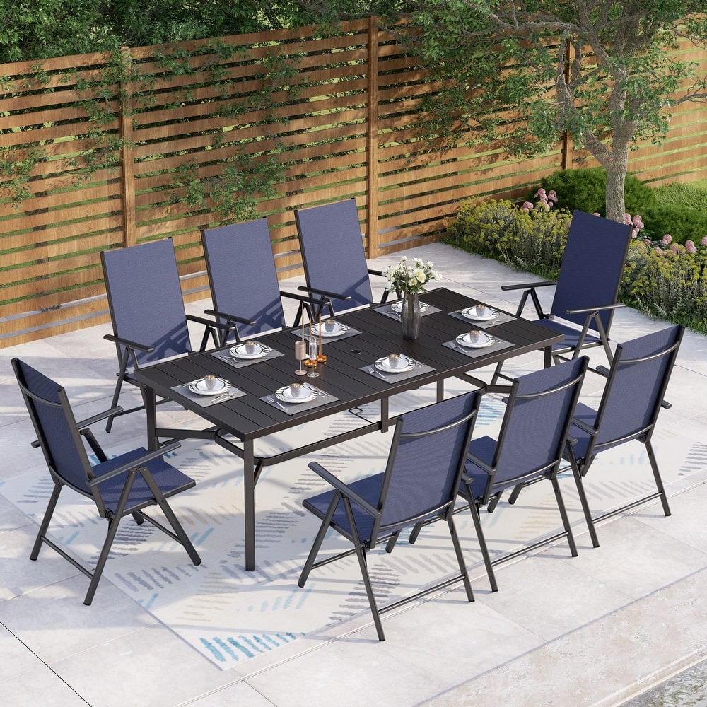 9-Piece Patio Dining Set, Metal Table and Foldable Sling Dining Chairs with 7 Levels Adjustable
