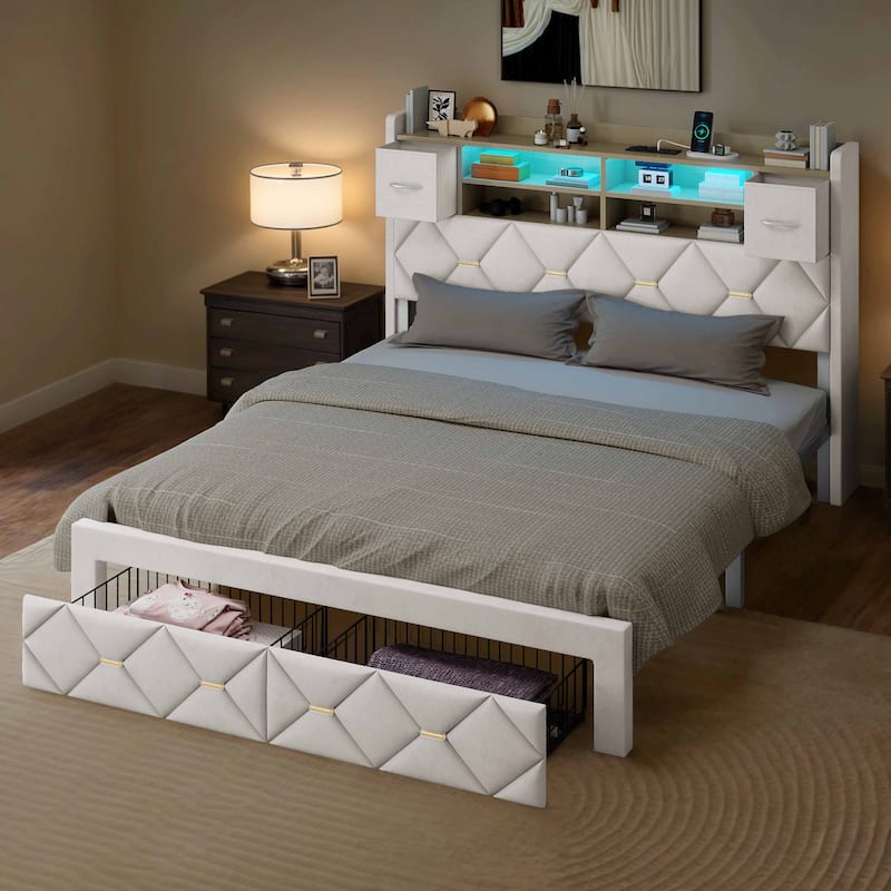 Moasis Upholstered Bed Frame with Storage Headboard And Charging Station and LED Light