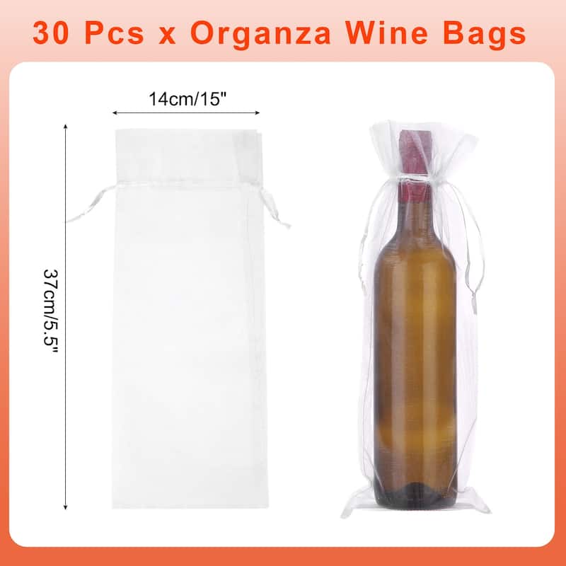 30pcs Organza Wine Bags, 15x5.5" Wine Gift Pouches with Drawstrings - White