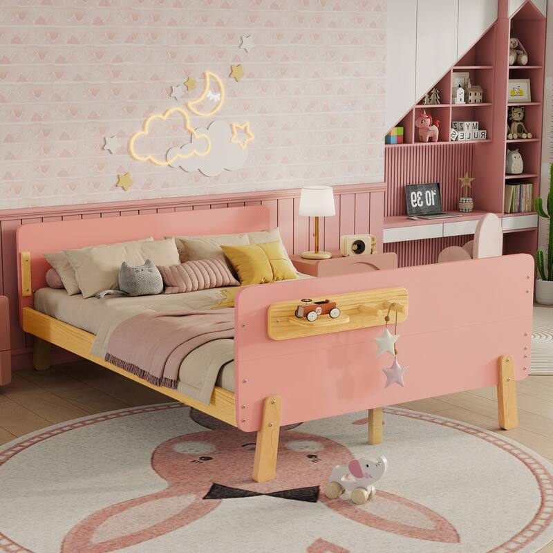 Kids Wood Platform Bed with Guardrails, Bottle Holder and 2 Hanging Rod, Convertible Toddler Daybed, Low Profile Design Frame