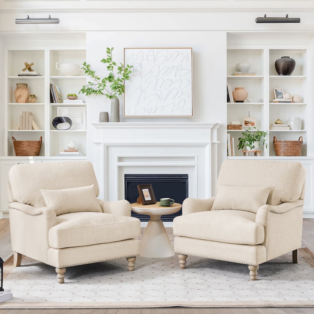 Modern Arm Accent Chair Upholstered Solid Wood Frame Accent Chairs with Lumbar Pillow for Living Room