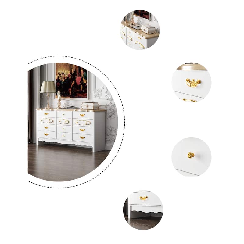Luxury White and Gold 12-Drawer Dresser with Pine Wood Top Elegant Storage Cabinet for Bedroom or Living Room