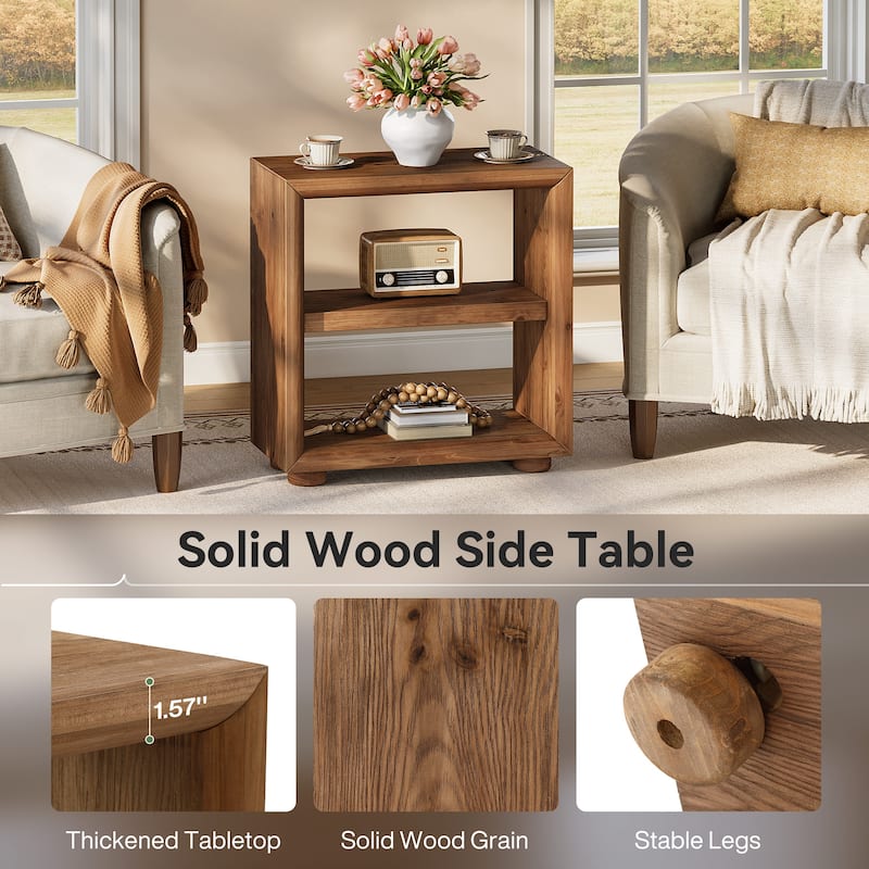 Solid Wood End Table with Storage Shelves, Bedside Nightstand, Living Room Bedroom Accent Side Table