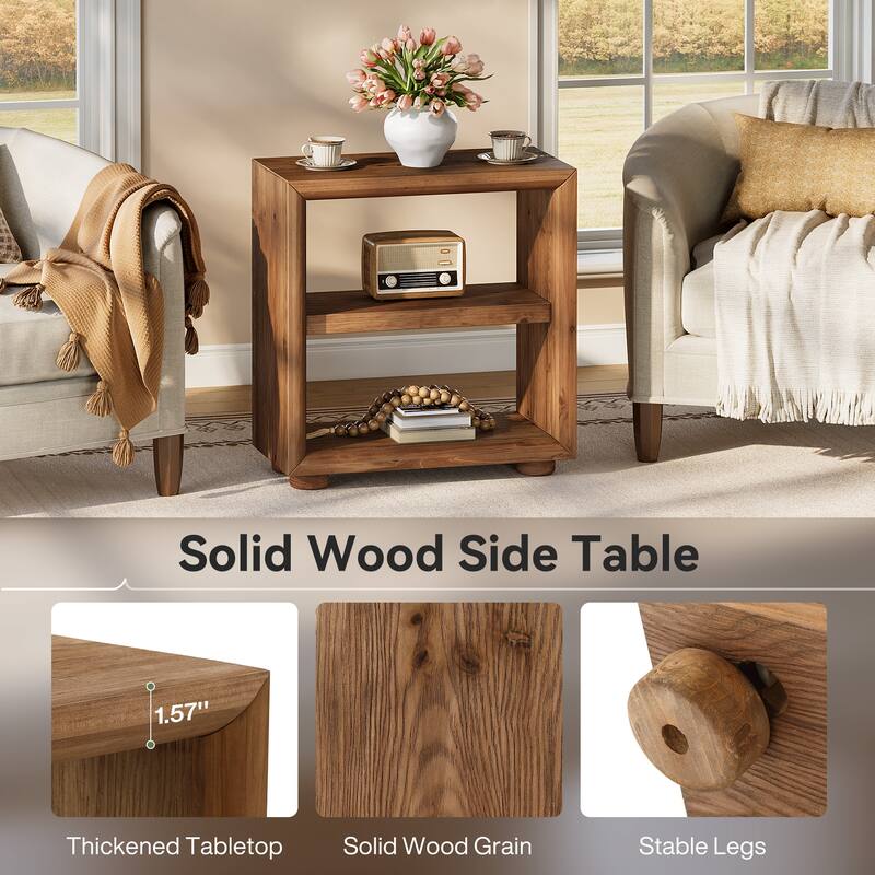 Solid Wood Side Table, Bedside Furniture with Storage Shelves