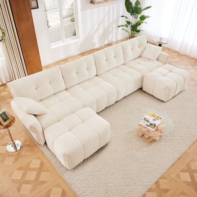 141.7" Chenille 4 Seater Upholstered Sofa with 2 Ottoman