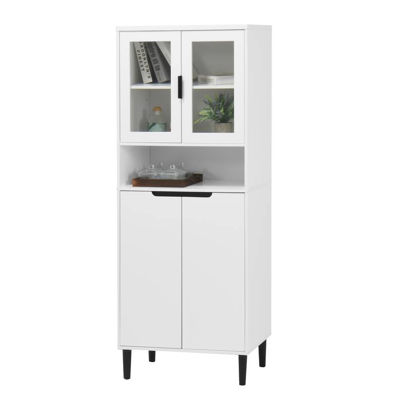 Tall Storage Show Cabinet with 2 Glass Display Door & 2 Doors, Kitchen Pantry Cabinet with Gold Handles，Cabinet Freestanding - White
