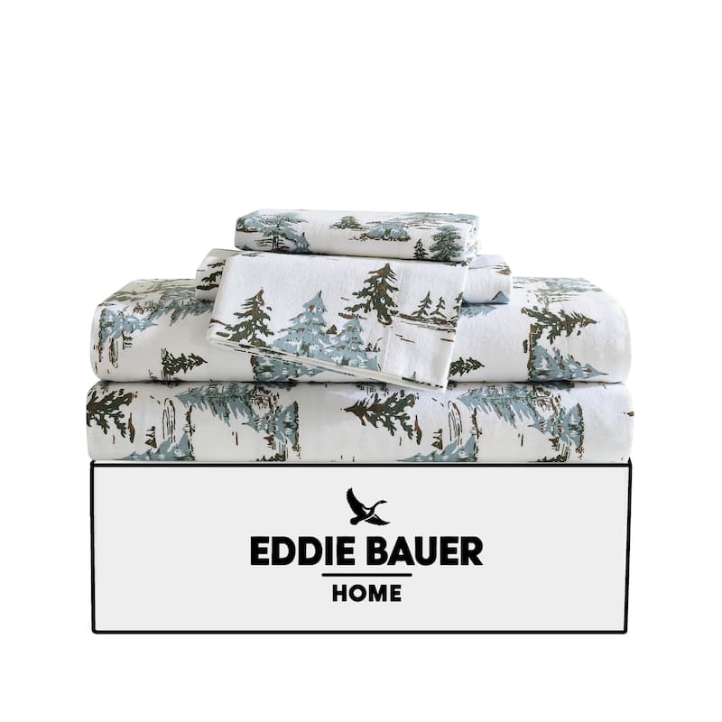 Eddie Bauer Printed Cotton Flannel Sheet Set - Queen - Snowy Pine Trees
