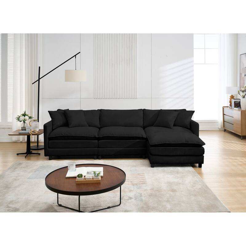 108" L-Shaped Chenille Sectional Sofa with Movable Ottoman - Black