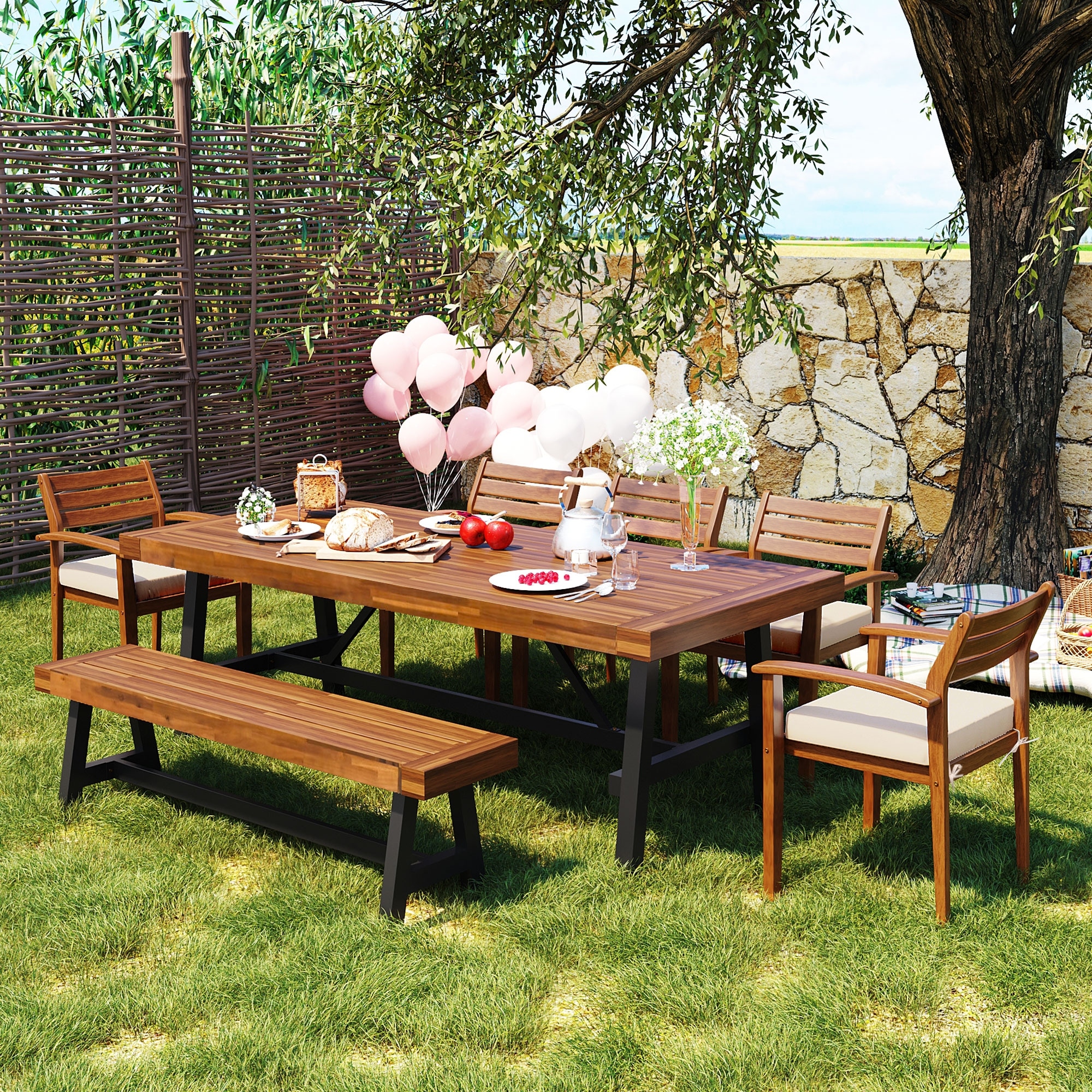 Natural Wood 7-8 Seater Patio Dining Set, Thick Table, Ergonomic Chairs & Bench with Removable Cushions
