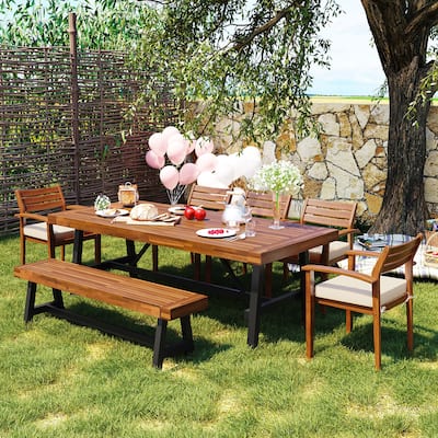 Outdoor Wood Dining Set For 7-8 Person with Removable Cushions, Ergonomic Chairs & Bench