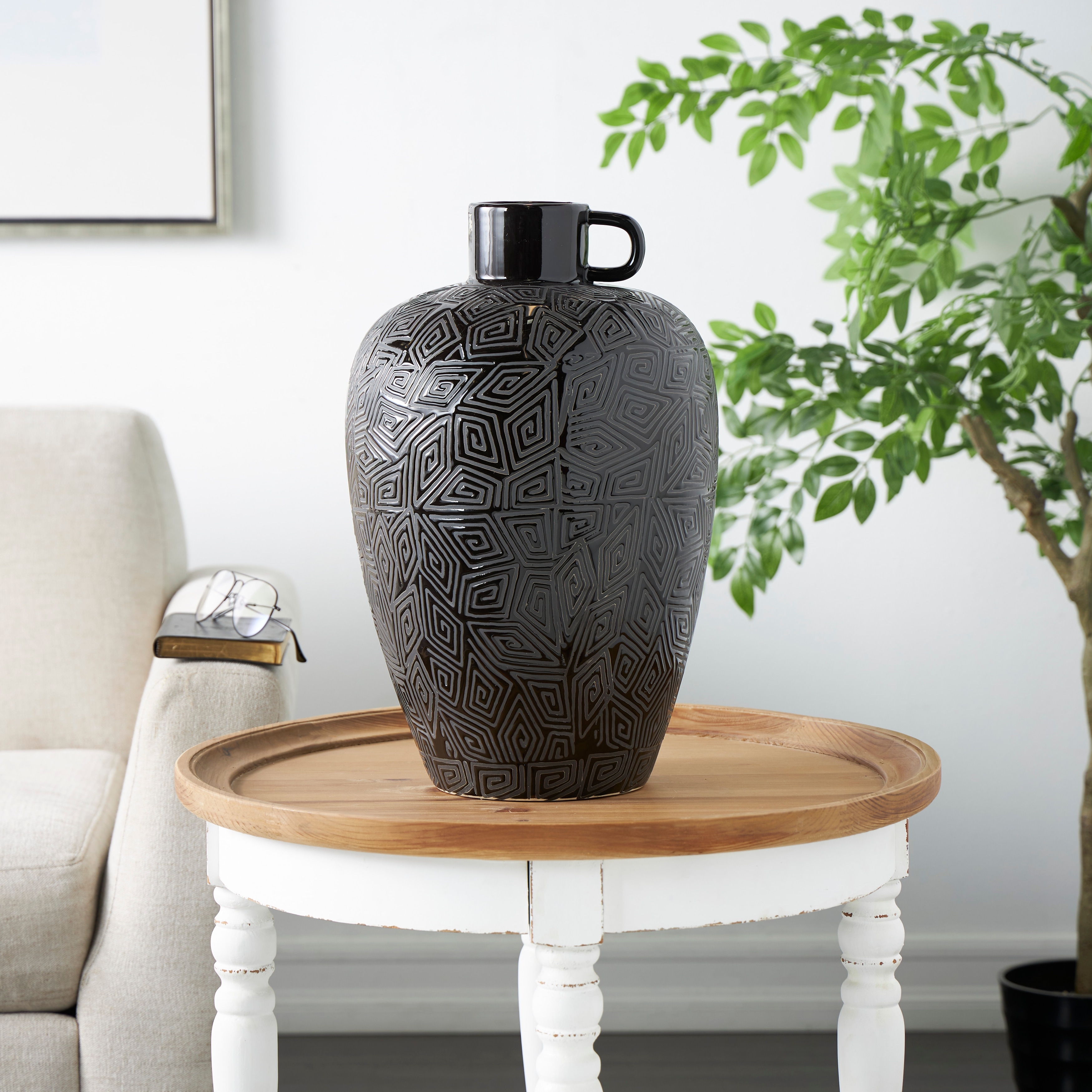 Black Ceramic Vase with Geometric Etchings