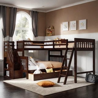 Twin over Full L-Shaped Bunk Bed With 3 Drawers, Ladder and Staircase, Espresso