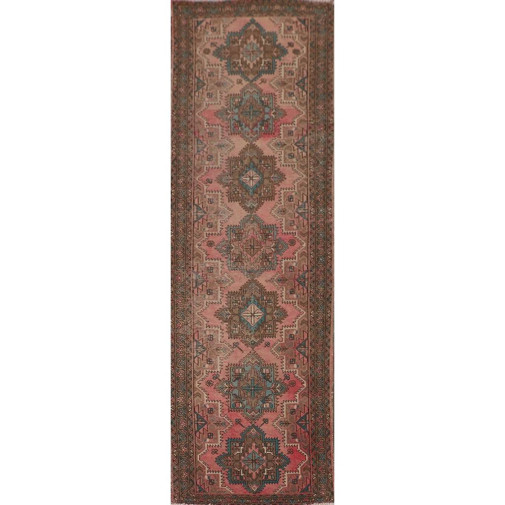 Pink Geometric Tabriz Persian Vintage Runner Rug Handmade Wool Carpet - 3'3"x 12'5"