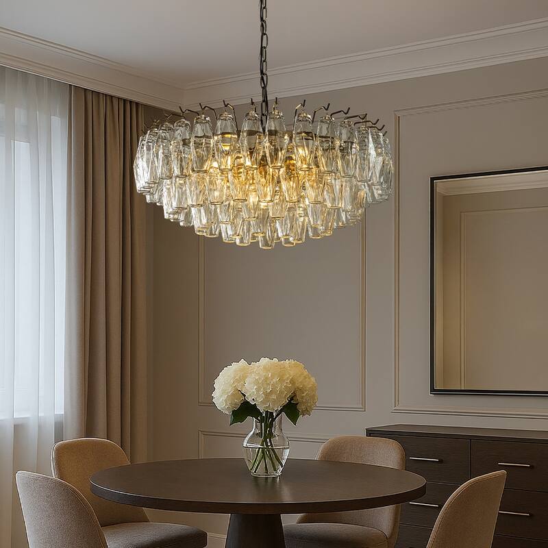 28'' Midcentury Modern Murano Glass Round Chandeliers 6-Light Handblown Glass Pendant Light Aged Bronze Finish For Dining Room
