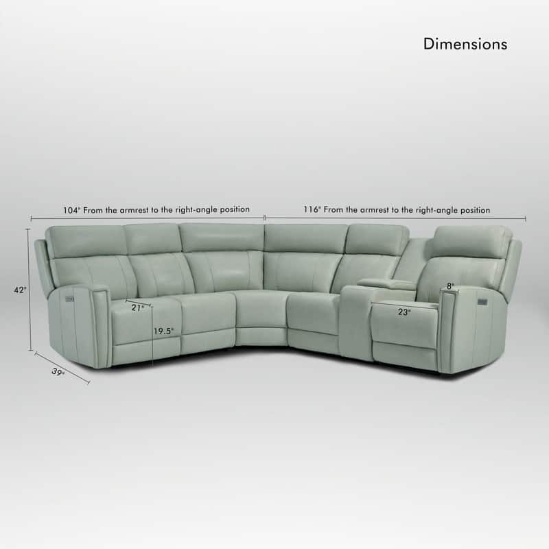116" W L-Shaped Genuine Leather Power Reclining Sectional Sofa with Console, Ajustable Headrest, USB PortS, 1 Power Armlesschair