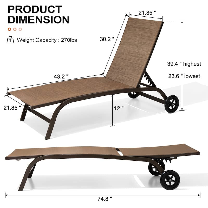 Outdoor Chaise Lounge Chair Pool Lounger with Adjustable Back and Wheels
