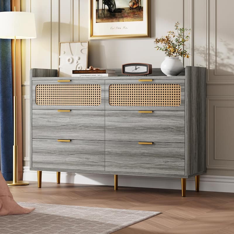 6 Drawer Double Dresser for Bedroom, Modern Chest of Drawers with Rattan Accents & Metal Legs - Grey
