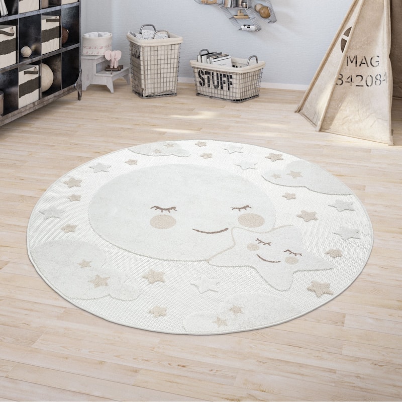 Round Kids Rug Cuddly Moon and Stars Motif Indoor & Outdoor - cream - 3'11" Round