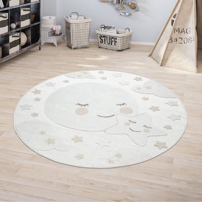 Round Kids Rug Cuddly Moon and Stars Motif Indoor & Outdoor