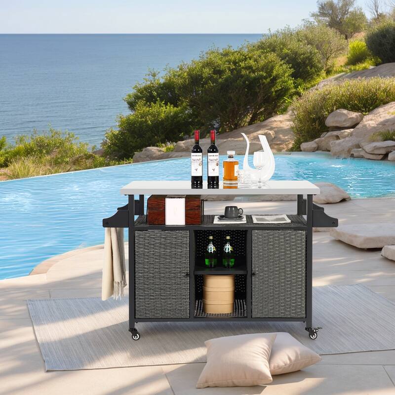 Large bar cart,Outdoor Kitchen Wicker Island Rolling Cart & Storage Cabinet, Wheels and Stainless Steel Extended Table Top - Grey