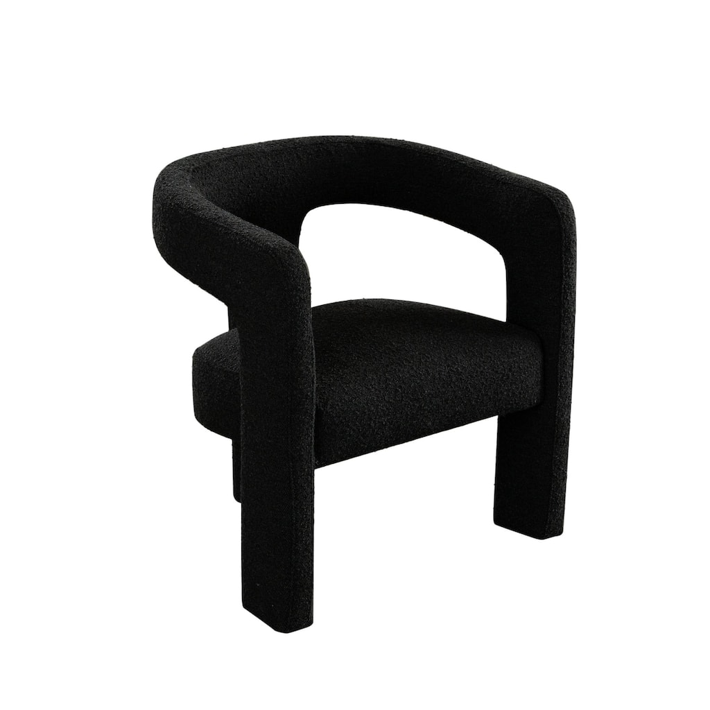 Gely Dining Accent Chair, Open Curved Back w Tripod Base, Black Boucle