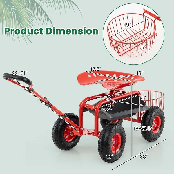 Rolling Garden Cart w/ Seat Outdoor Garden Stool w/ Tool Tray