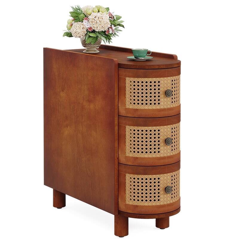 Solid Wood End Side Table 3-Drawer Rattan Bedside Table Nightstand