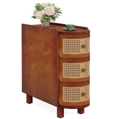 Solid Wood End Side Table 3-Drawer Rattan Bedside Table Nightstand