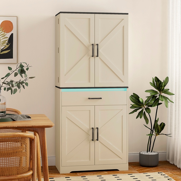 67.7 Tall Kitchen Pantry Cabinet with LED Lights and Drawer Freestanding Sideboard Buffet Storage Cabinet for Dining Room On Sale Bed Bath Beyond 42329346