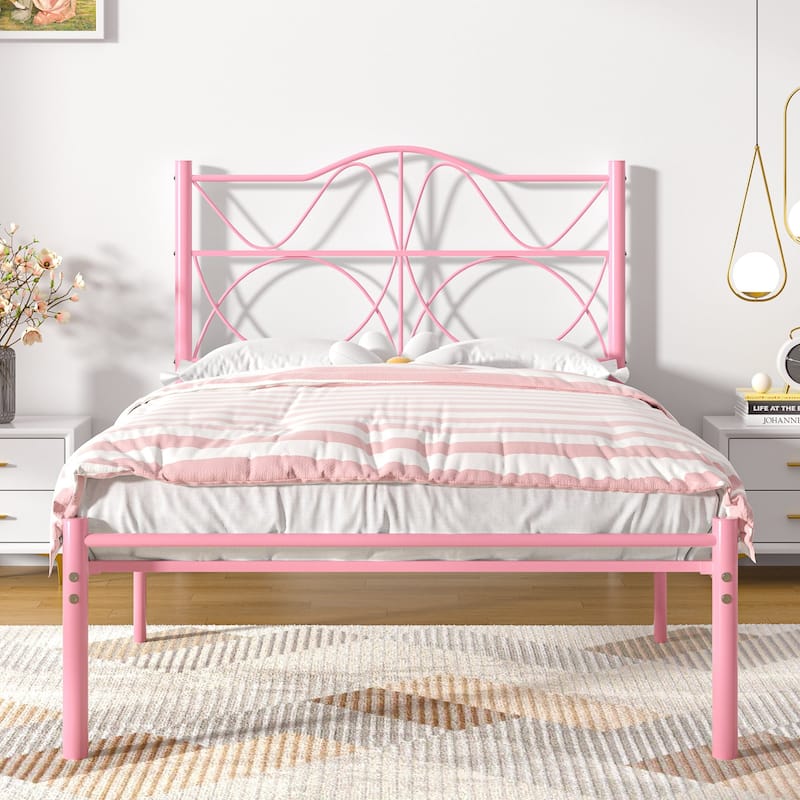 VECELO Metal Platform Bed Frame with Curved Headboard and Under-Bed Storage-No Box Spring Needed, Twin/Full/Queen Size - Pink - Twin