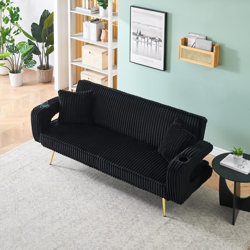 Loveseat Sofa, Adjustable Backrest Corduroy Love Seat Bed w2 Cup holder & 2 Pillows Living Room 2-seat Hollow Armchair