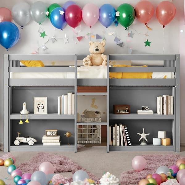 slide 2 of 18, Modern Twin Size Kid Low Loft Bed With Two-Tier Shelves And LED Light,Sturdy Construction