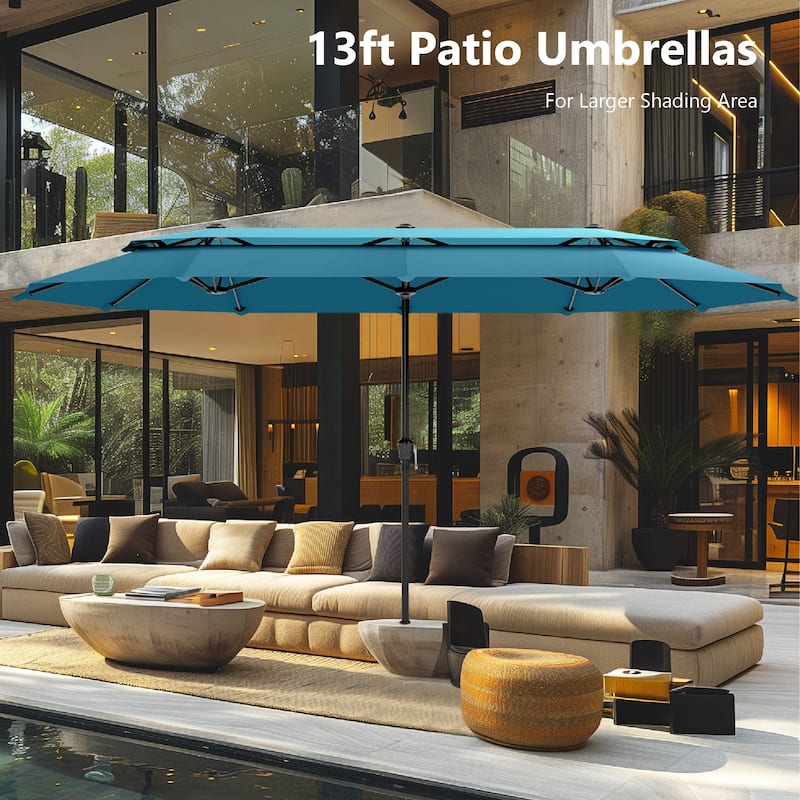 MAISON ARTS 13ft Double-Sided Outdoor Umbrella, 2-Tier Vented Market Umbrella with Colored Lights and Base