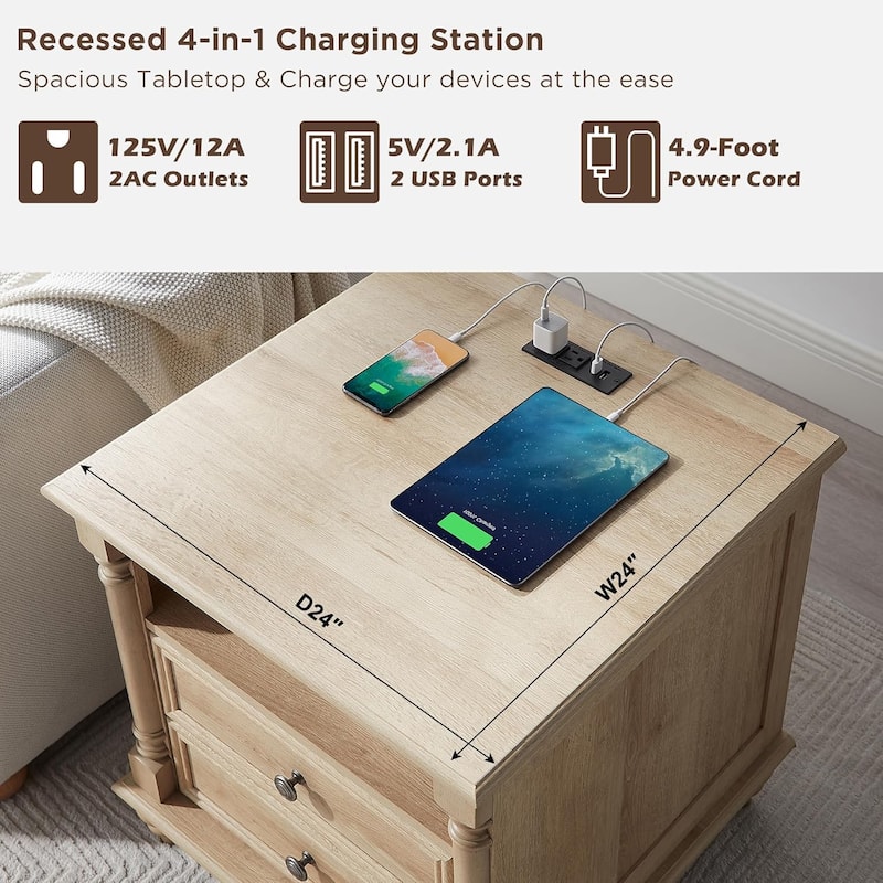 Farmhouse End Table, Sofa Side Table with Charging Station, Nightstand