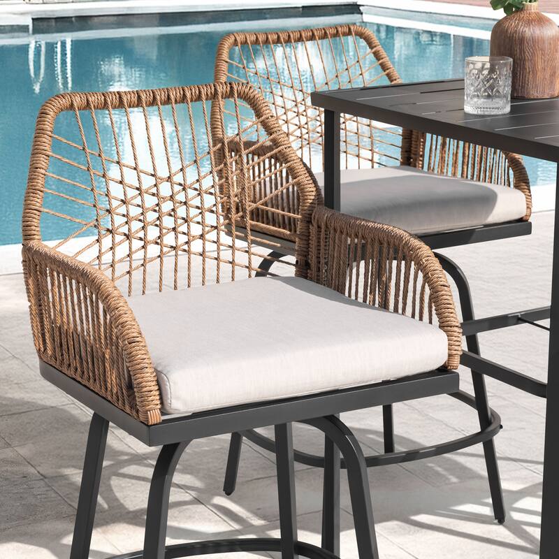 Swivel Patio Bar Set with Cushions, Handwoven Twisted Rattan Design