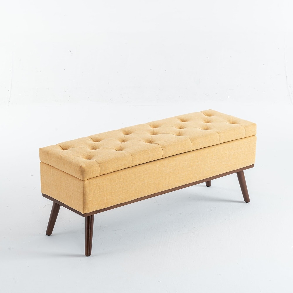 Linen Storage Ottoman Bench with Wood Legs, Upholstered Entryway Bench Tufted Mid Century Modern Ottoman Bedroom End of Bed