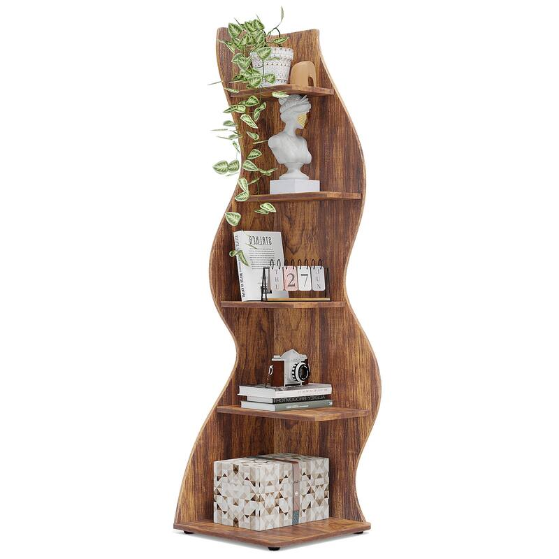 Modern Wood Corner Shelf, 5-Tier Bookshelf Bookcase for Living Room - 1PC - Brown
