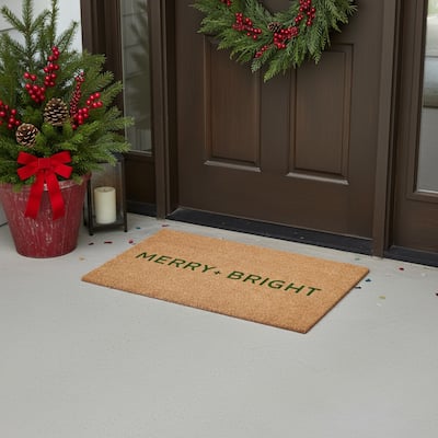HomeRoots 24" X 36" Brown And Green Christmas Merry and Bright Outdoor Coir Door Mat - 24.00' X '36.00