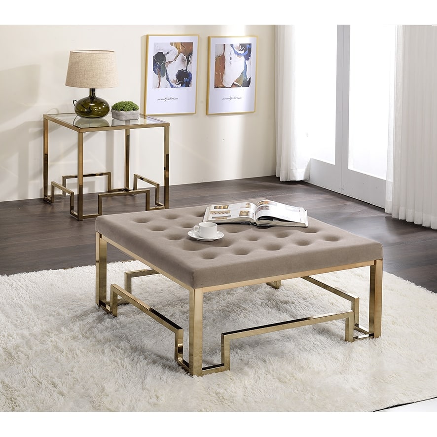 Damien Beige Fabric Cocktail Ottoman with Champagne Finish, Elegant Living Room Piece