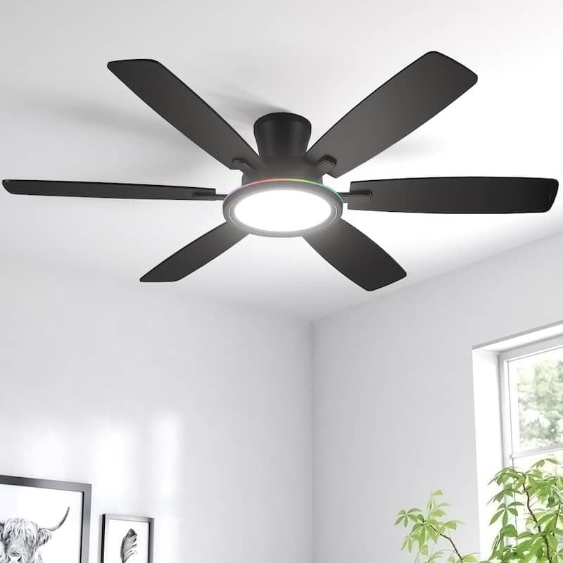 52/54 Inch Flush Mount Low Profile Ceiling Fan with Light,Remote and App Control - 54 Inches - Black