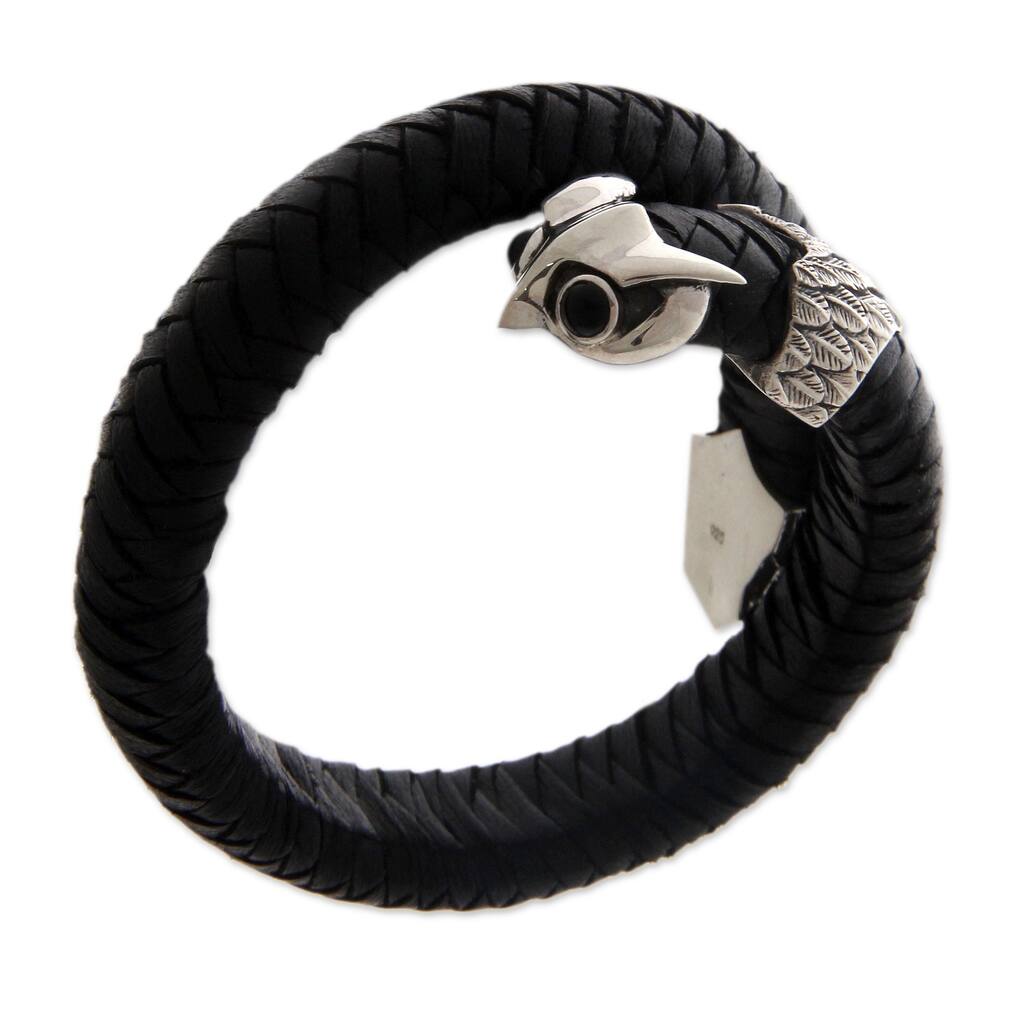 Handmade Owl Onyx and Leather Men's Sterling Silver Bracelet (Indonesia)