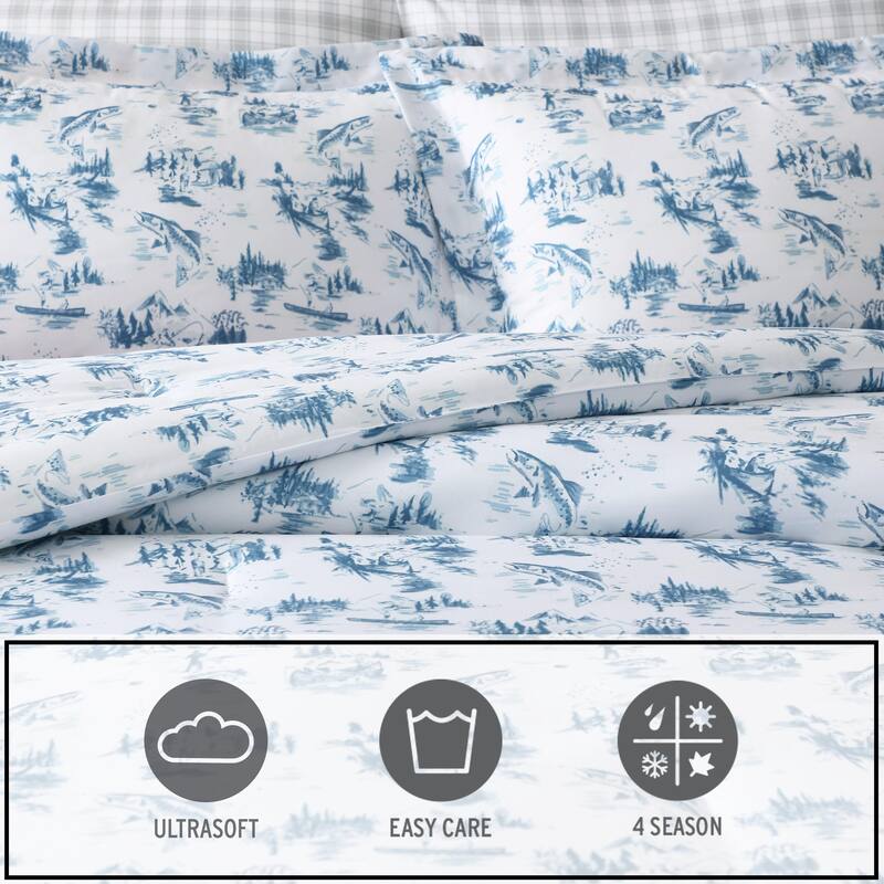 Eddie Bauer Fish Town Toile Reversible Lightweight Coastal Comforter Set (Blue)