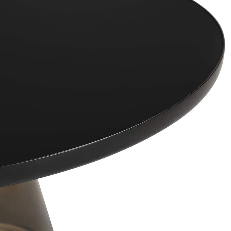 30-Inch Round Coffee Table Glass/Stone Tabletop with Black Iron Rim Frame Glass Pedestal Base